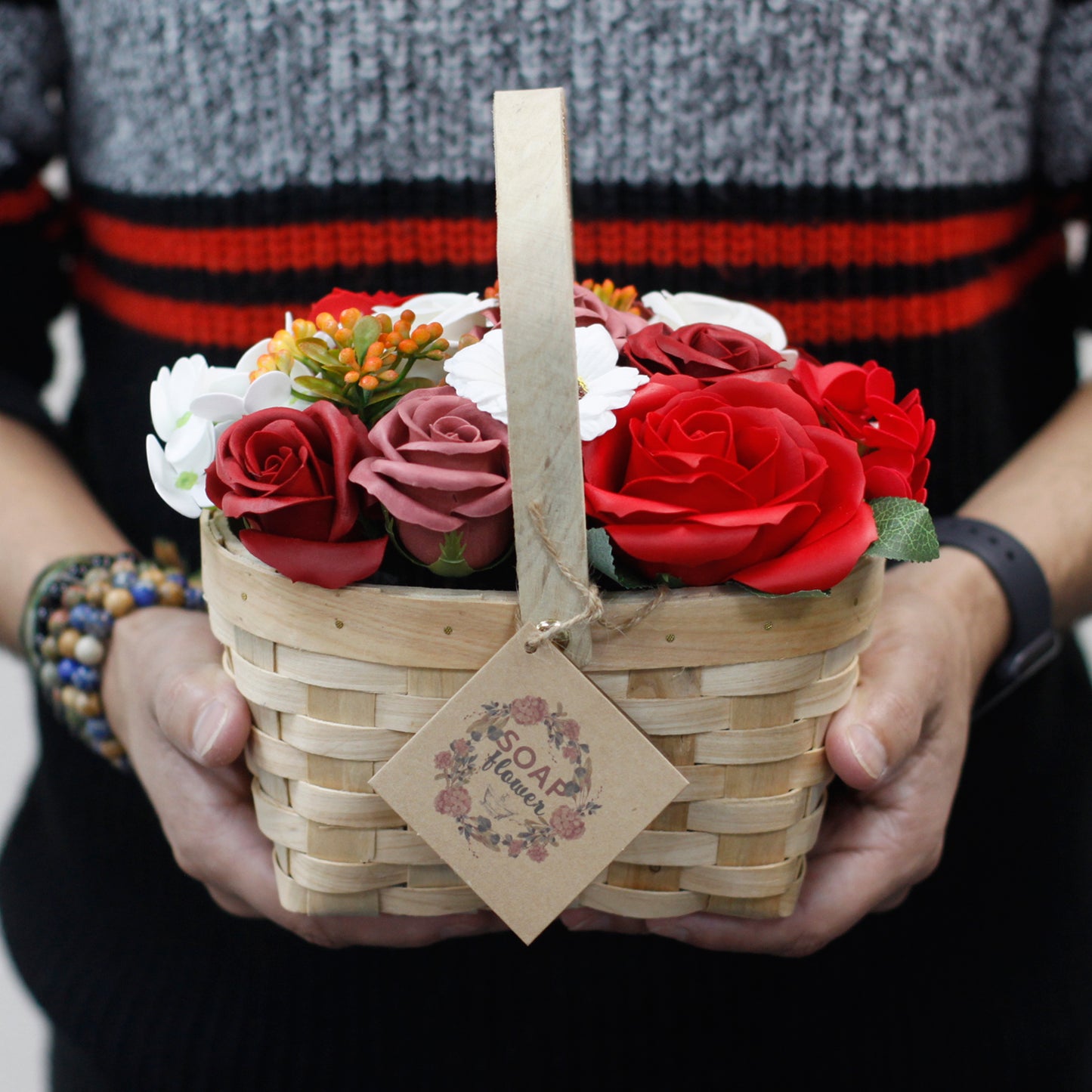 Large Red Soap Bouquet in Wicker Basket