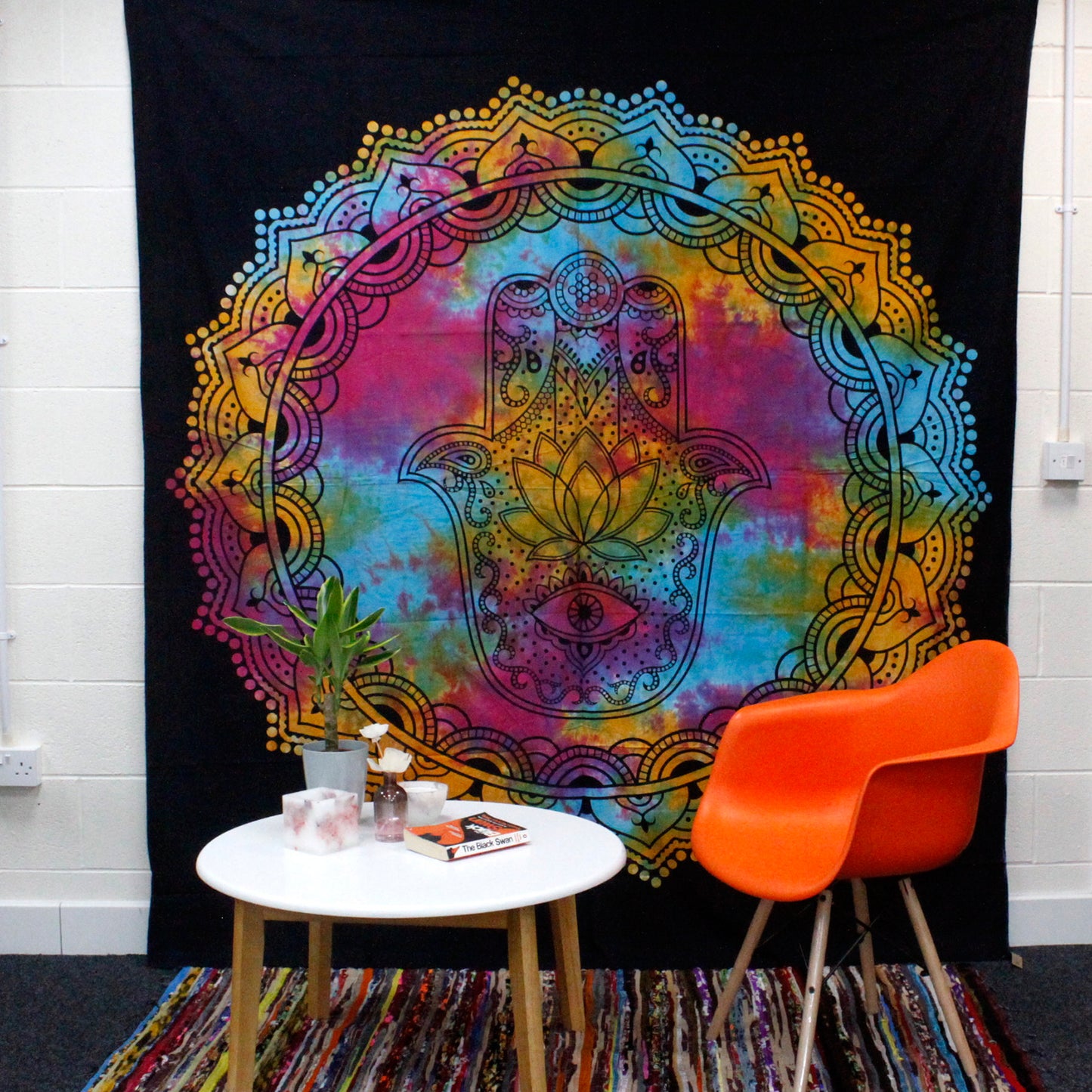 Single Cotton Bedspread + Wall Hanging - Black Hamsa 130cm x 200cm