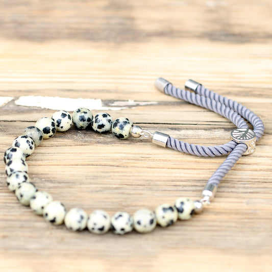925 Silver Plated Gemstone Charcoal String Bracelet - Dalmation Jasper