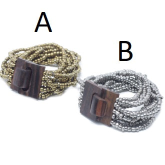 Multi-Bead Bangle Wooden Clasp - Asst Gold/Bronze