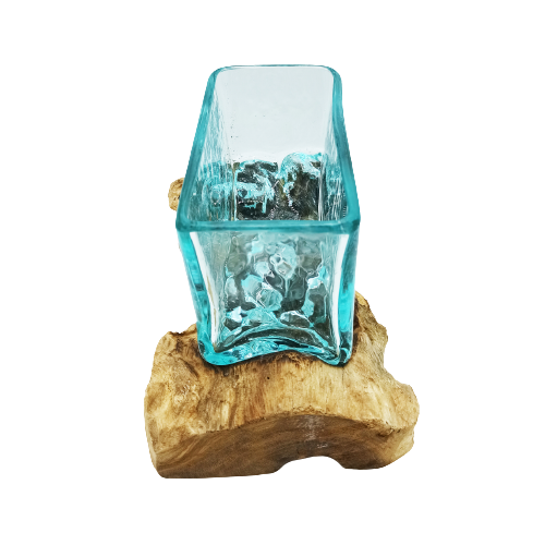 1x Molten Glass Tank on Wood with Stand - Large Bowl