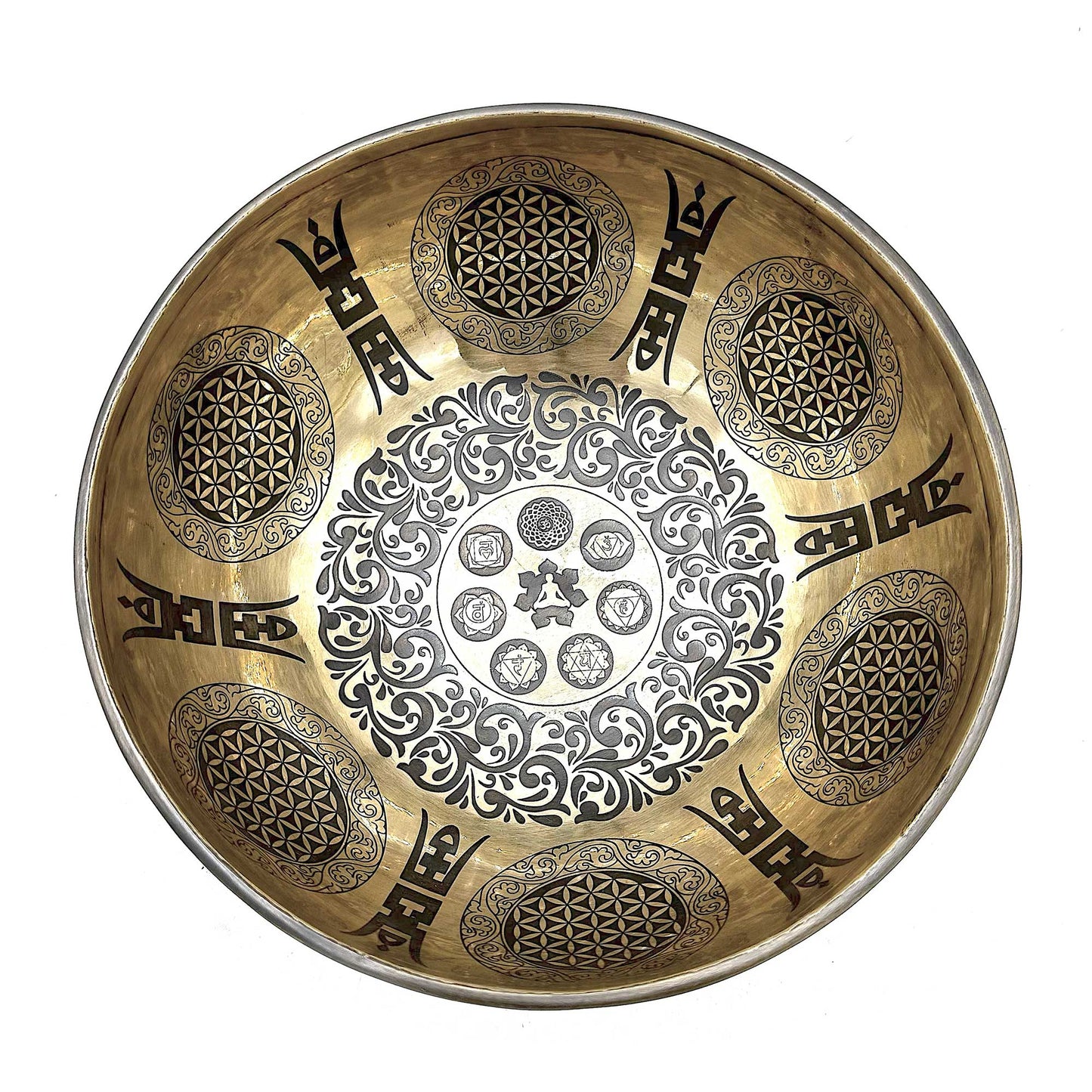 Tibetan Healing Engraved Bowl - 21cm - 7 Chakra & Flower of Life