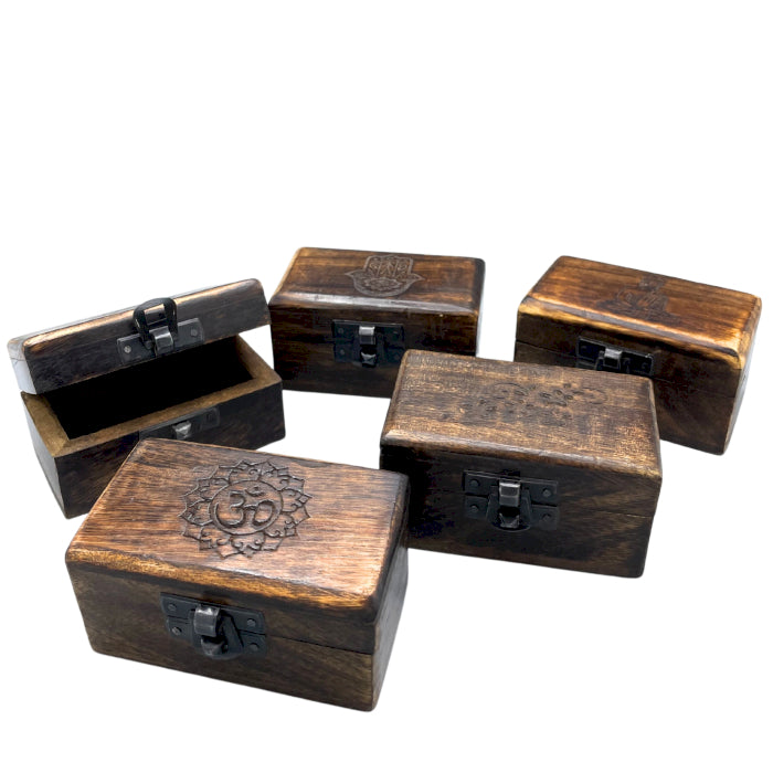 Set of 5 Wooden Pill Box 9x5x4cm - Carved Designs