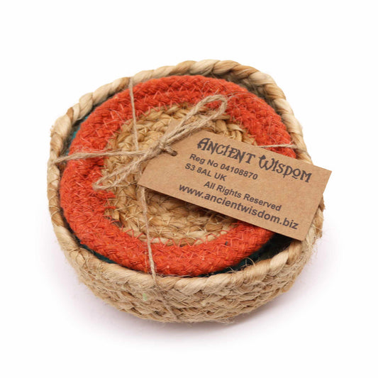 Natural Coaster - Jute & Cotton 10cm (set of 6) Mixed colours in basket