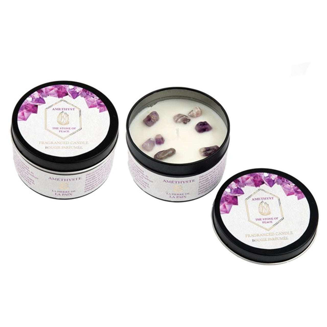 Lavender Tin Candle with Amethyst Crystals - 8cm