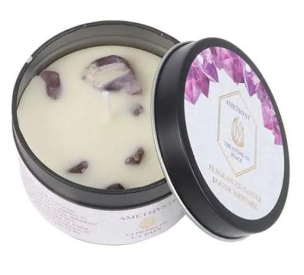 Lavender Tin Candle with Amethyst Crystals - 8cm