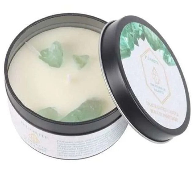 Black Tea Vetiver Tin Candle with Fluorite Crystals - 8cm