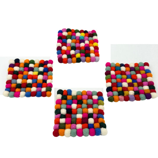 Felt Ball Square Coasters - 10cm Multi Grey colour (set of 4)