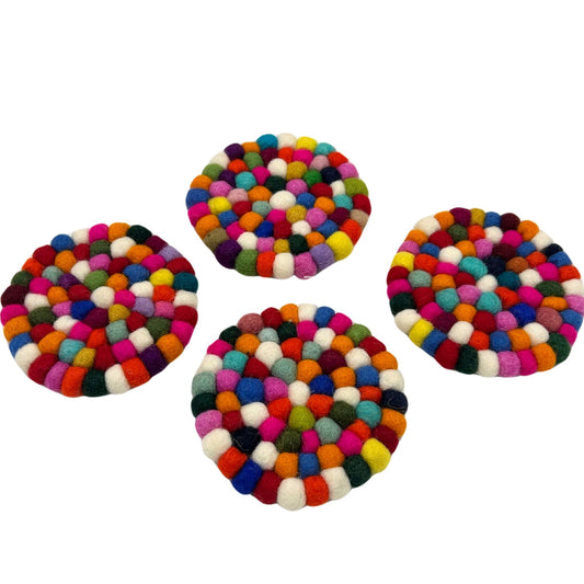 Felt Ball Round Coasters - 10cm Multi colour (set of 4)