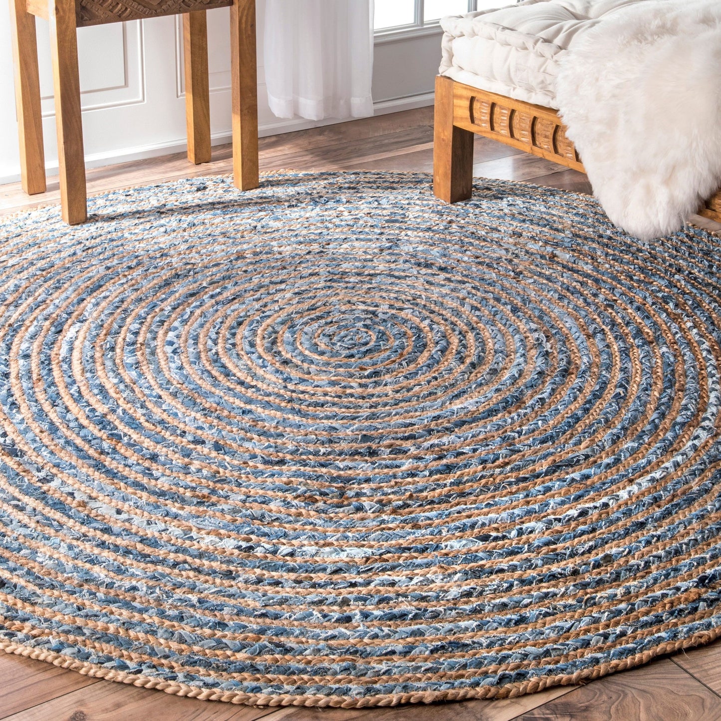 Round Jute and Recycle Denim Rug-  90 cm