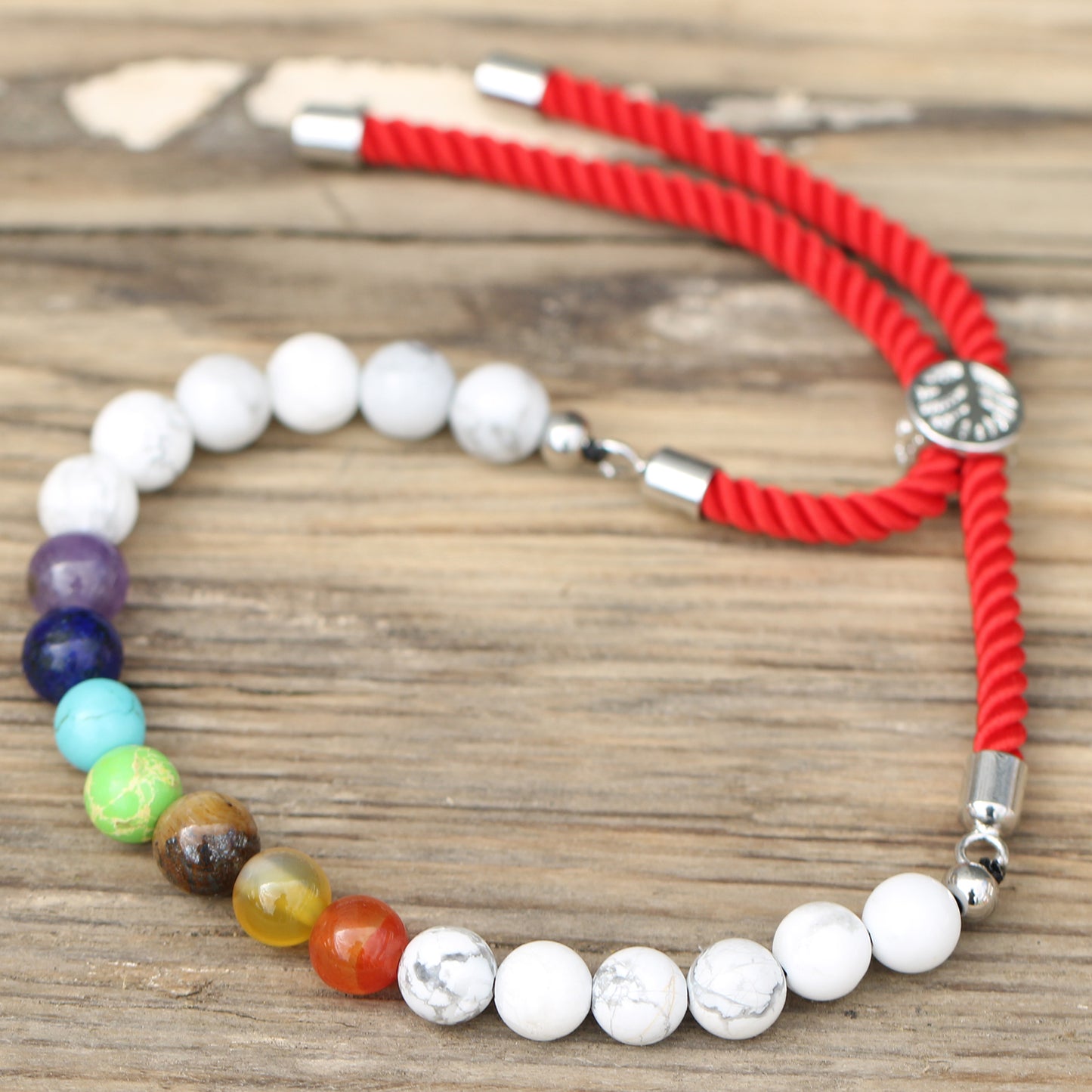 925 Silver Plated Gemstone Royal Red String Bracelet - White Howlite Chakra