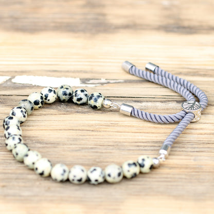 925 Silver Plated Gemstone Charcoal String Bracelet - Dalmation Jasper