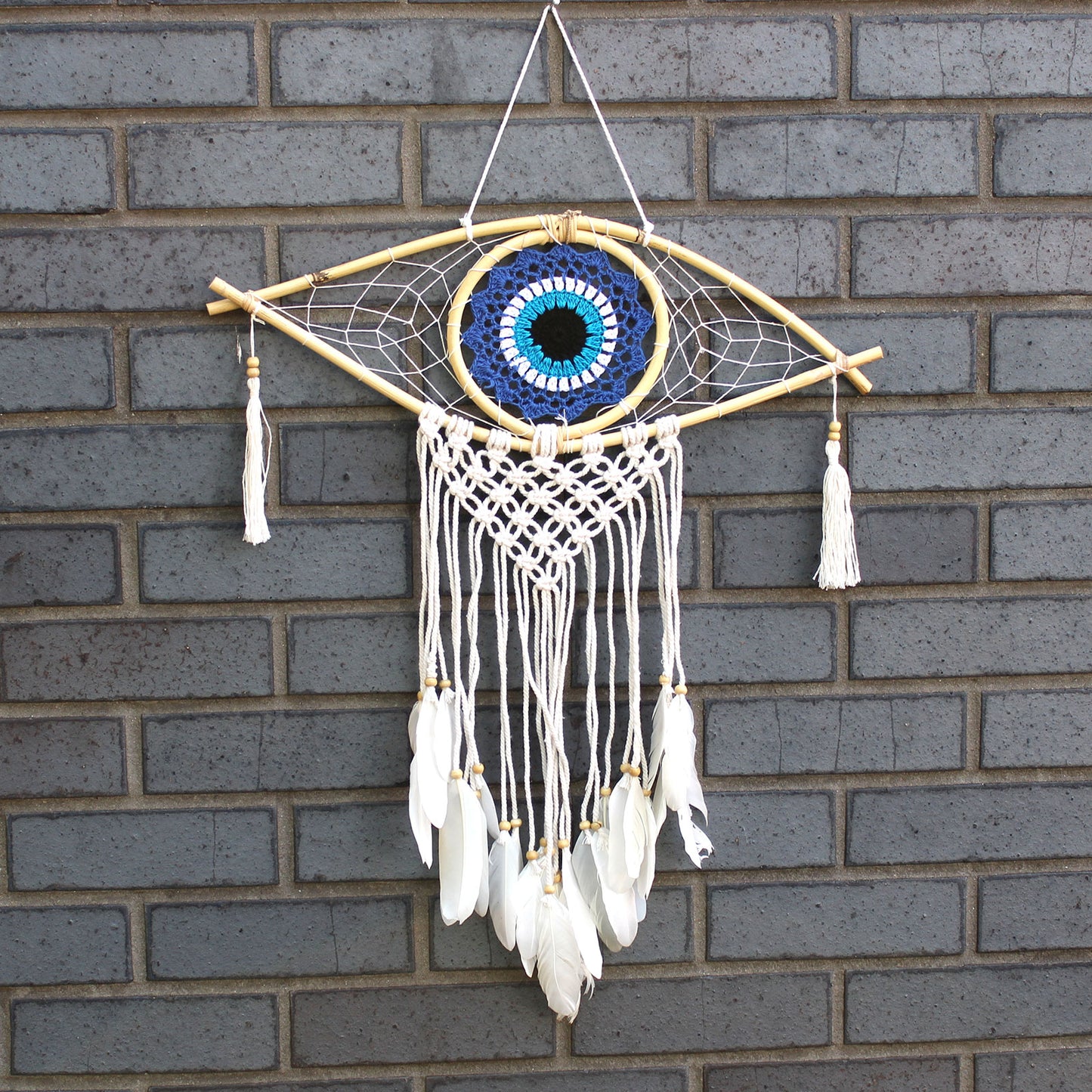 Protection Dream Catcher - Med Macrame Evil Eye Blue/White/Black