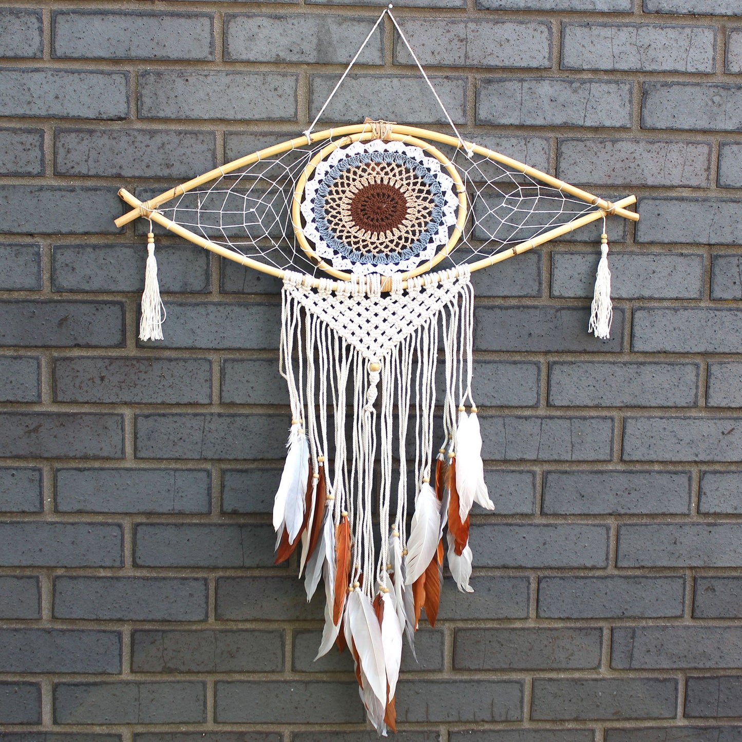 Protection Dream Catcher - Lrg Macrame Eye White/Grey/Brown