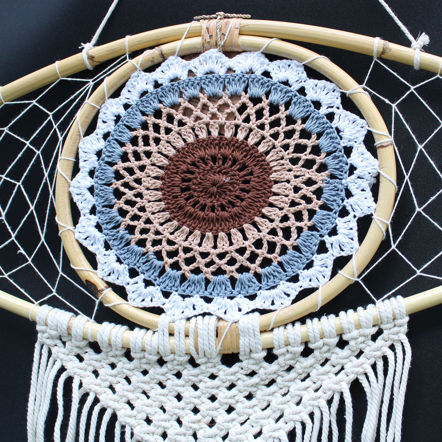 Protection Dream Catcher - Lrg Macrame Eye White/Grey/Brown