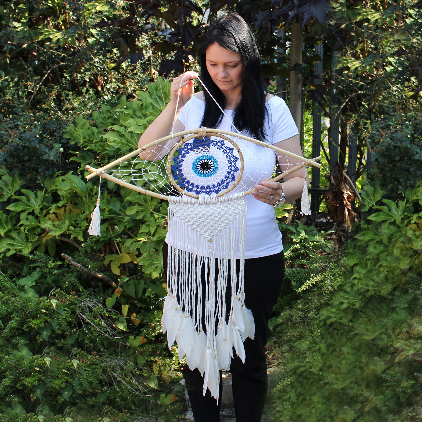 Protection Dream Catcher - Lrg Macrame Eye White/Grey/Brown