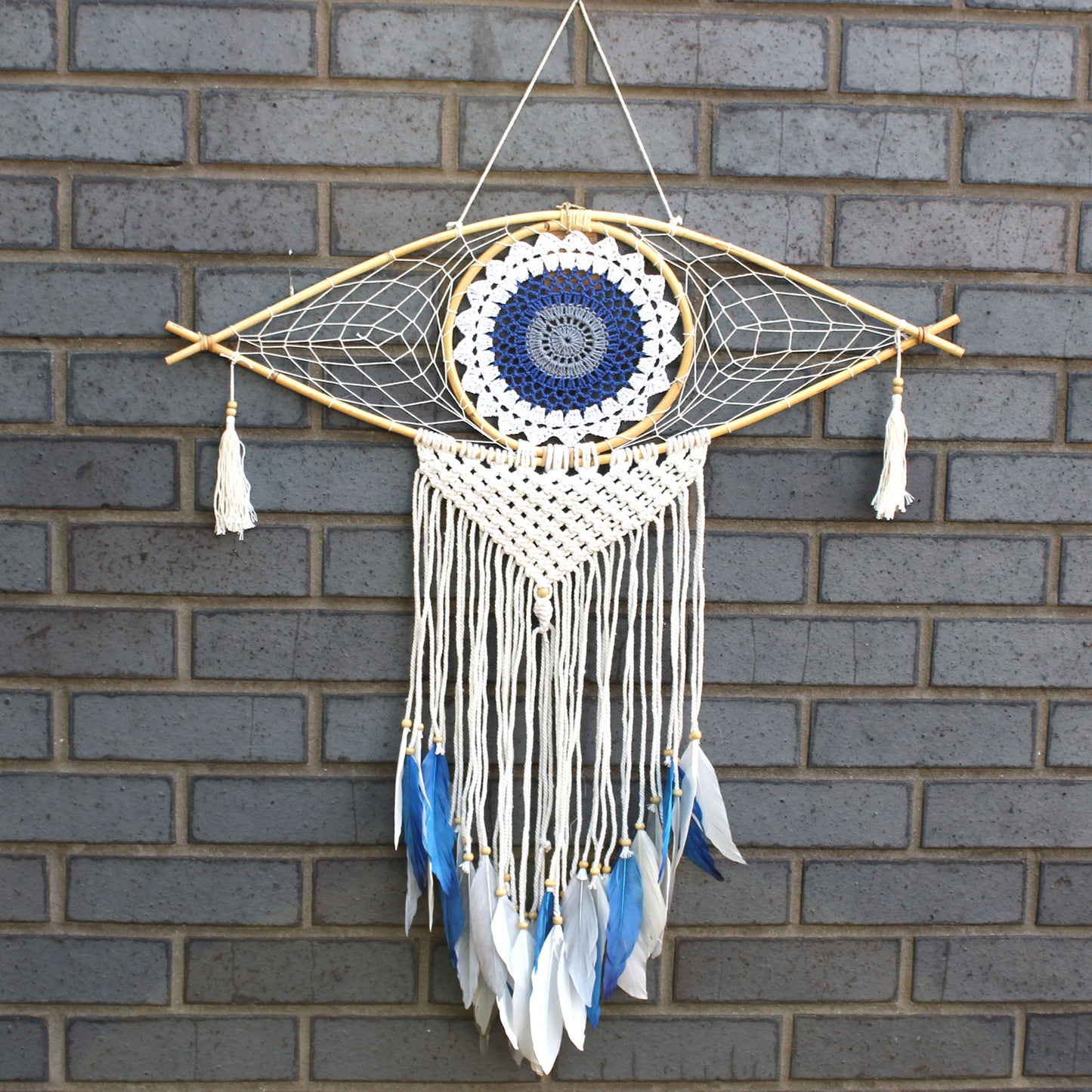 Protection Dream Catcher - Lrg Macrame Eye White/ Blue/Grey