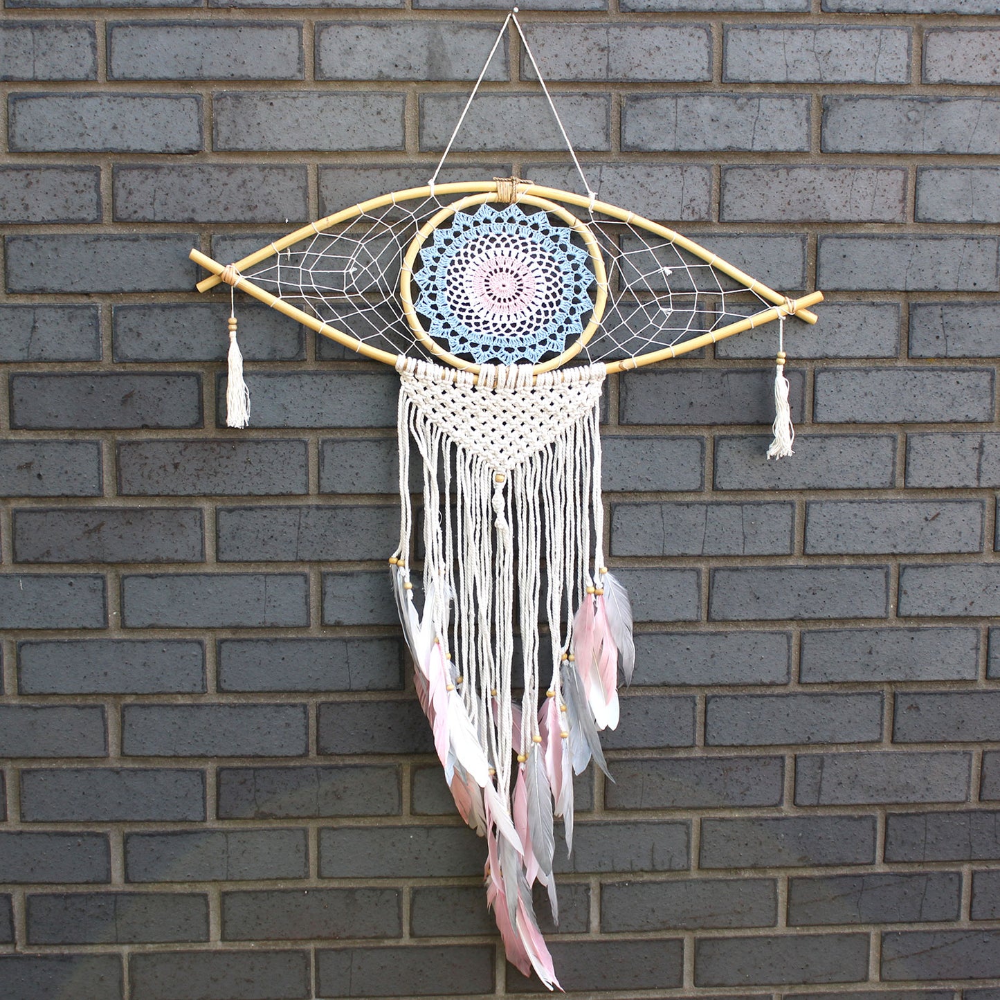 Protection Dream Catcher - Lrg Macrame Eye Blue/ Whie/Pink