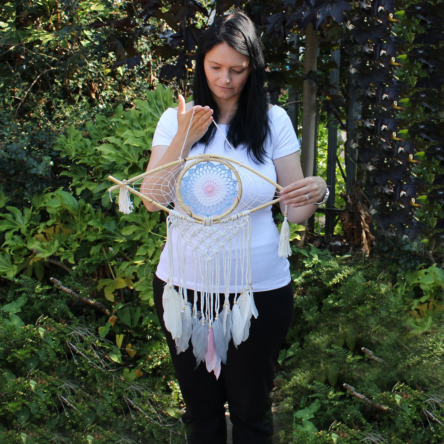 Protection Dream Catcher - Med Macrame Eye White/ Gey/Brown