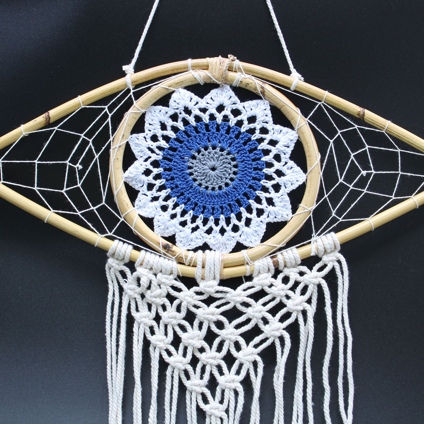 Protection Dream Catcher - Med Macrame Eye White/ Blue/Grey