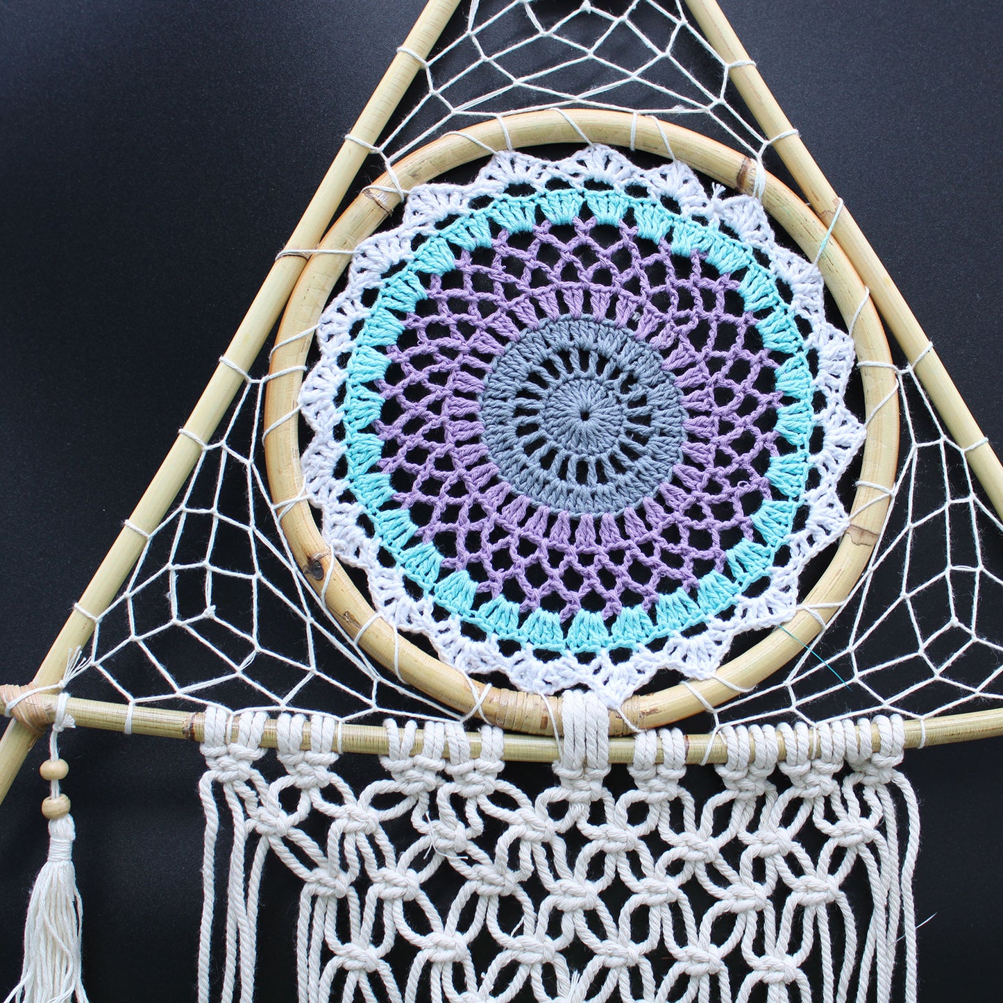 Protection Dream Catcher - Lrg Macrame Pyramid White/Turquoise