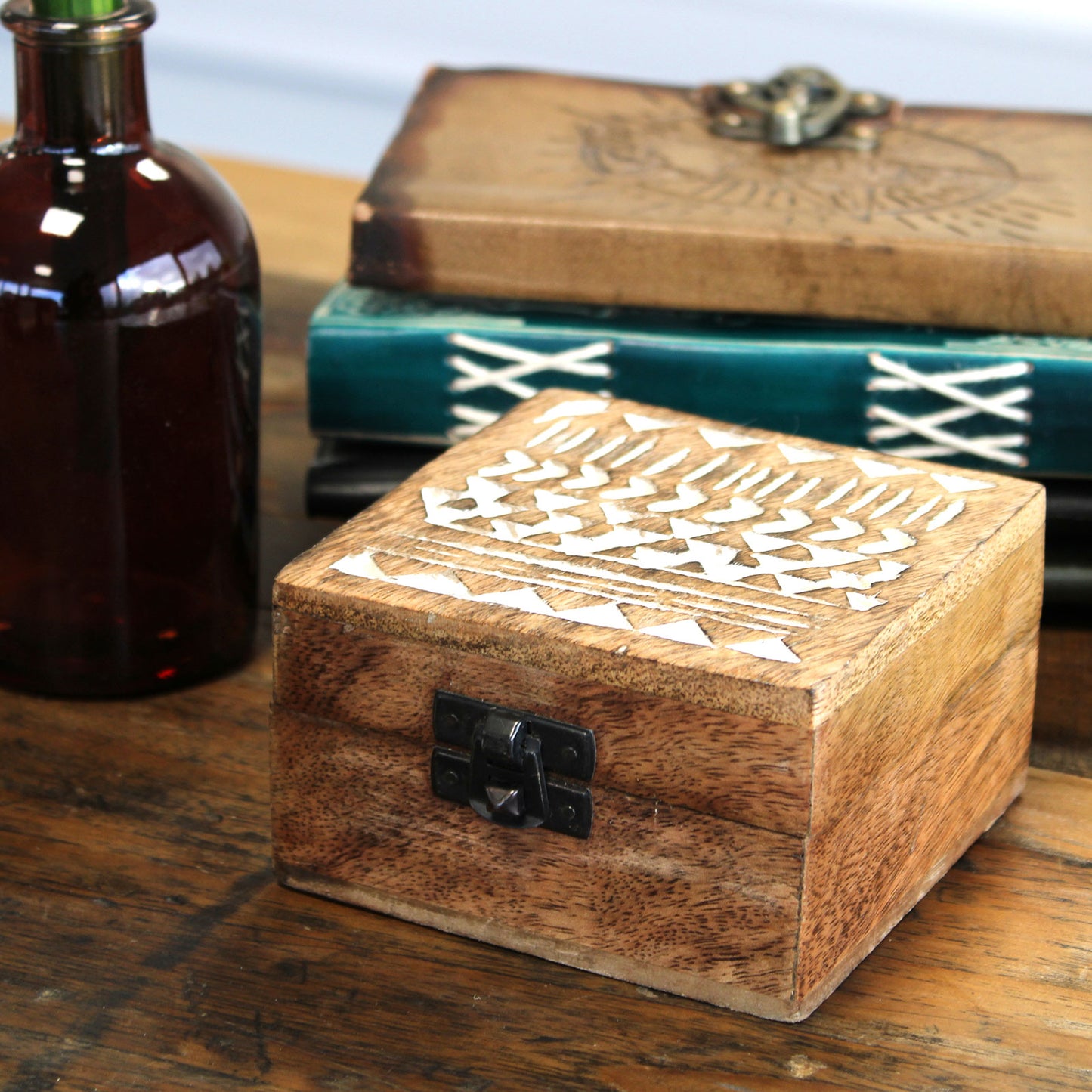 White Washed Wooden Box - 4x4 Aztec Design