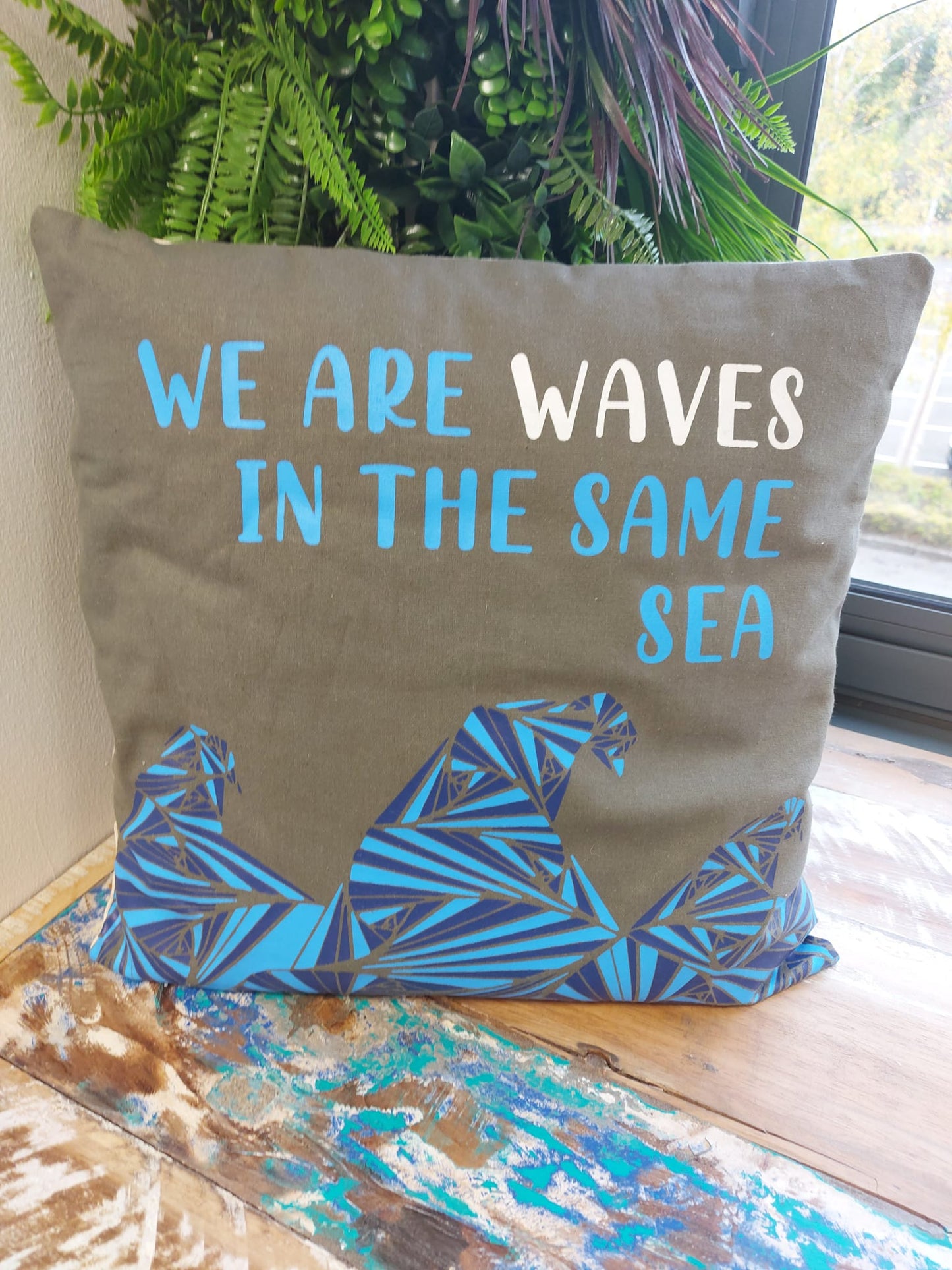 Printed Cotton Cushion Cover - We are Waves - Grey