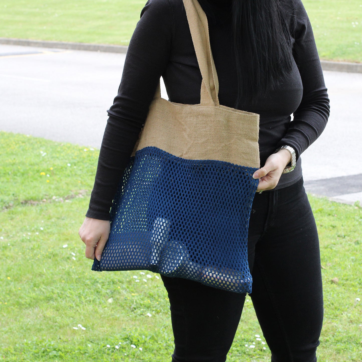 Pure Soft Jute and Cottong Mesh Bag - Black