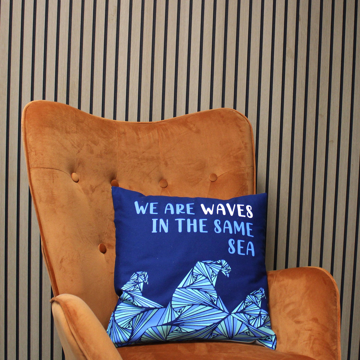 Printed Cotton Cushion Cover - We are Waves - Grey