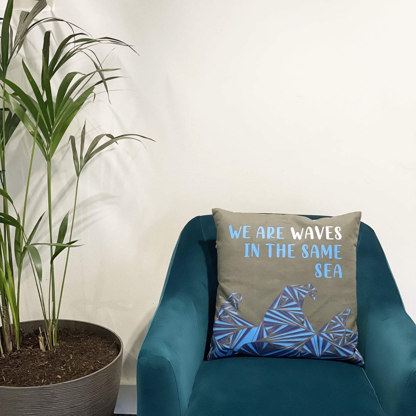 Printed Cotton Cushion Cover - We are Waves - Grey