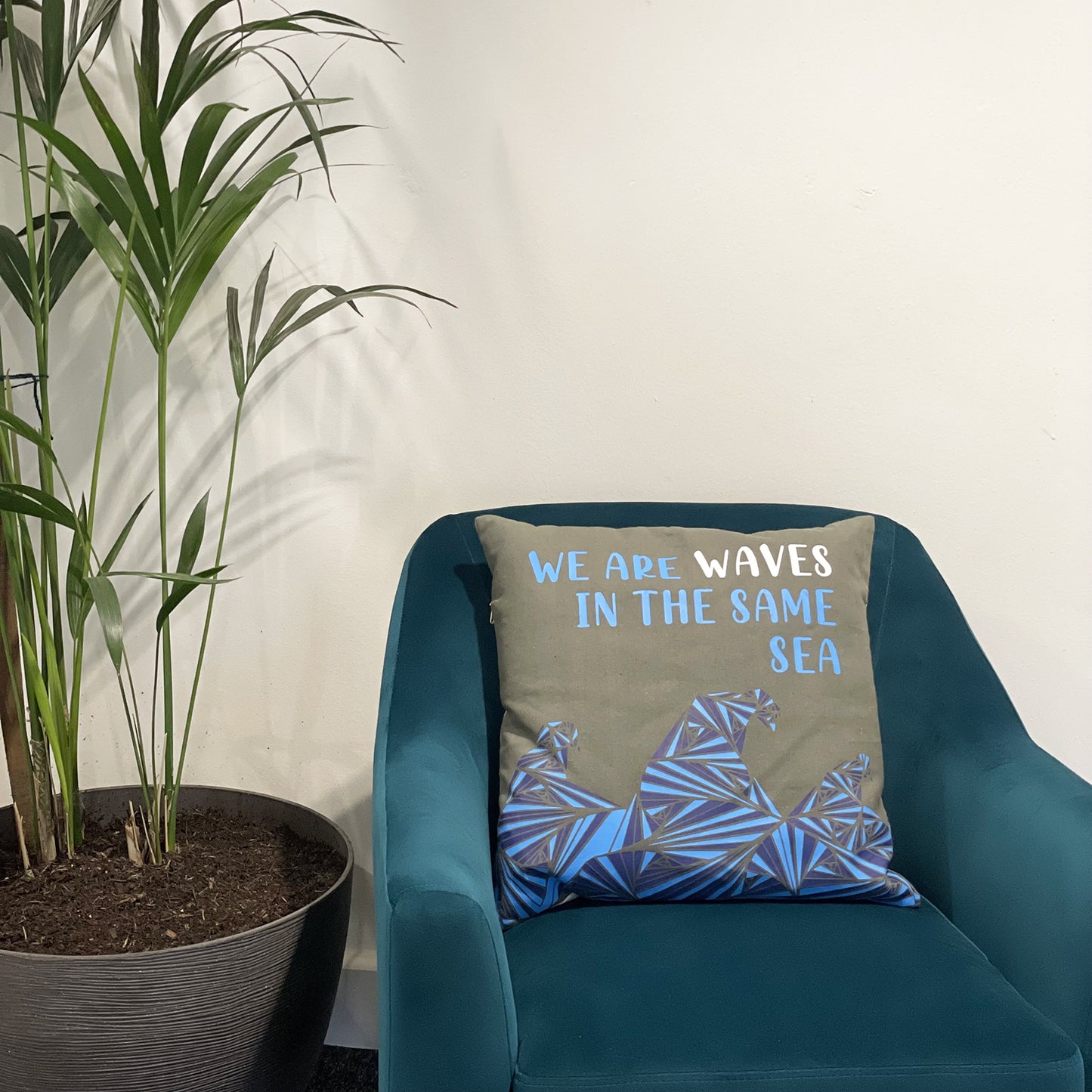 Printed Cotton Cushion Cover - We are Waves - Grey