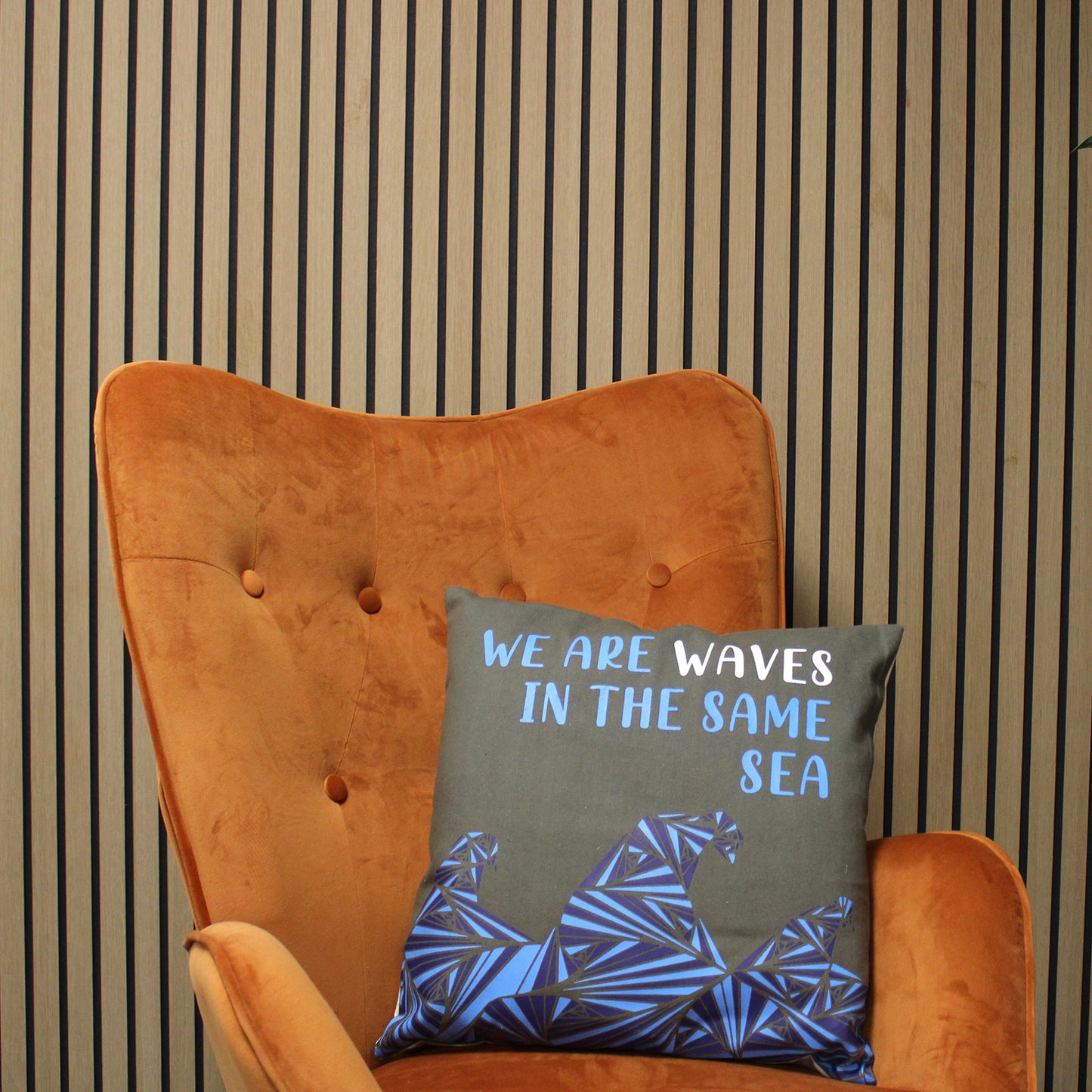 Printed Cotton Cushion Cover - We are Waves - Grey