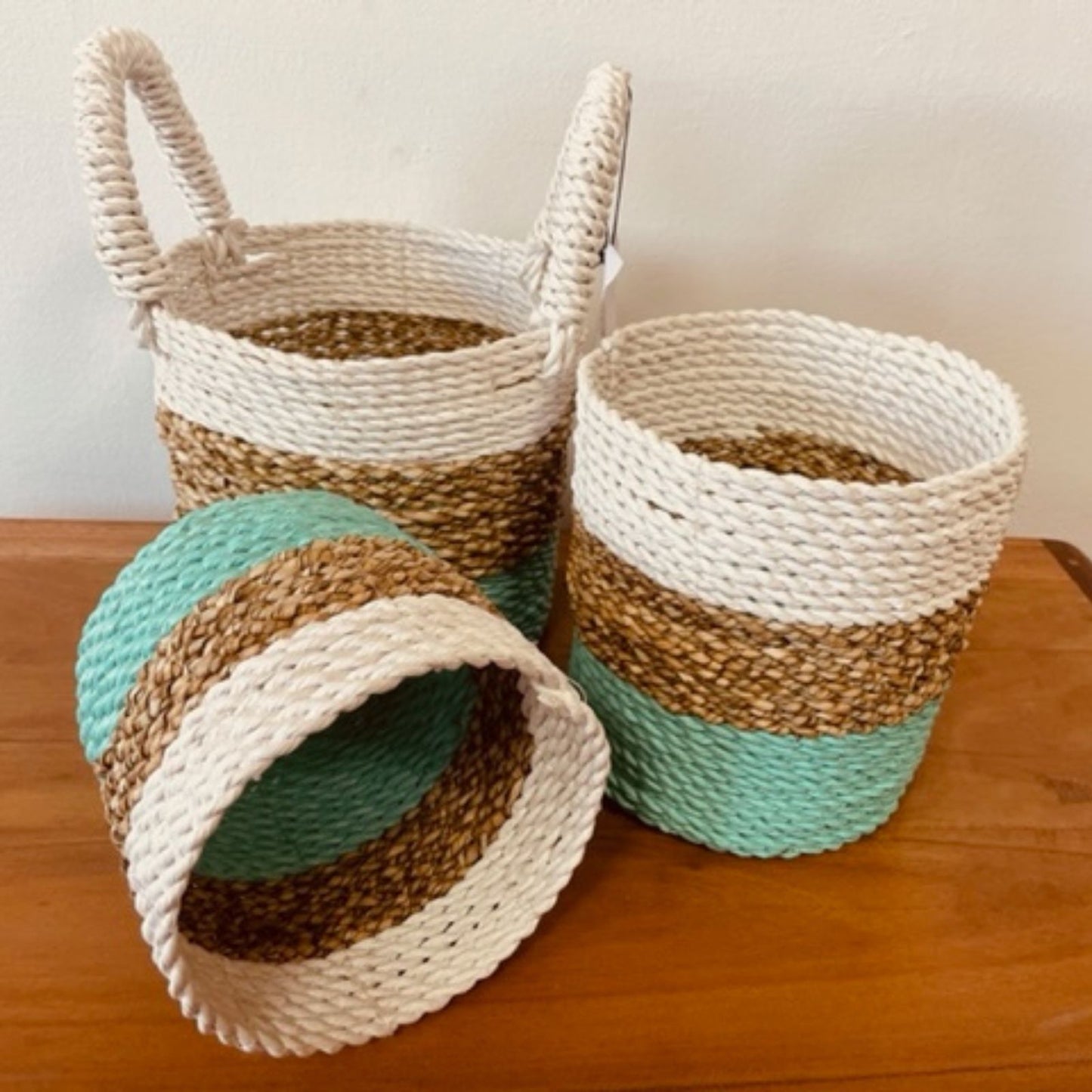 Seagrass Basket Set of 3 - Green / Natural / White