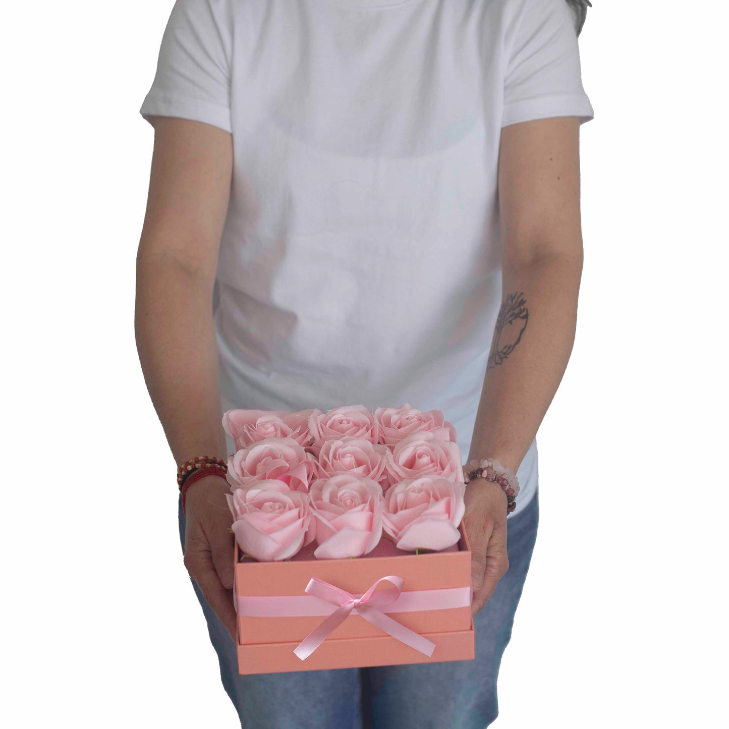 Soap Flower Gift Bouquet - 9 Cream Roses - Square