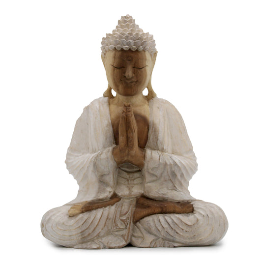 Hand Carved Buddha Statue - 30cm Welcome - Whitewash