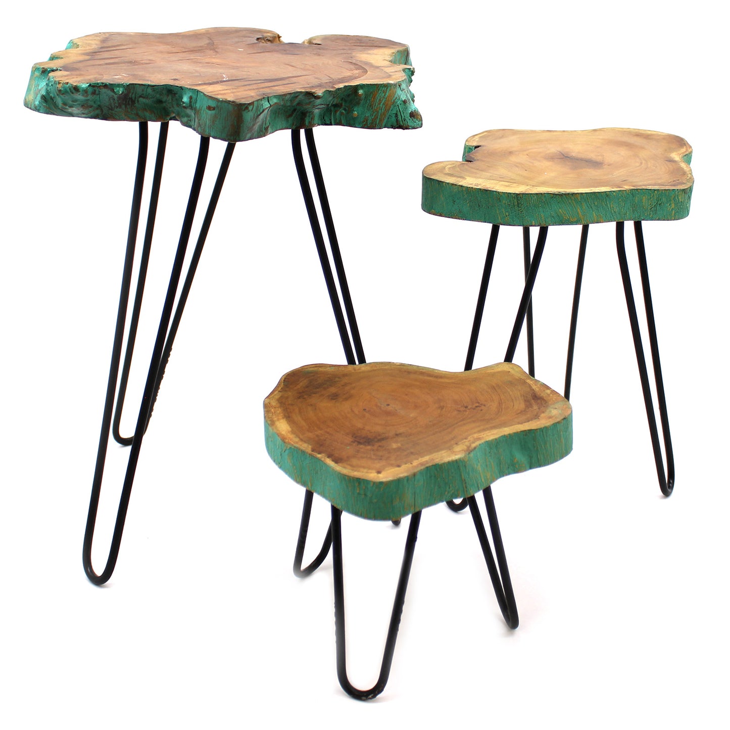 Set of 3 Gamell Wood Side-Tables / Plant Stands - Greenwash