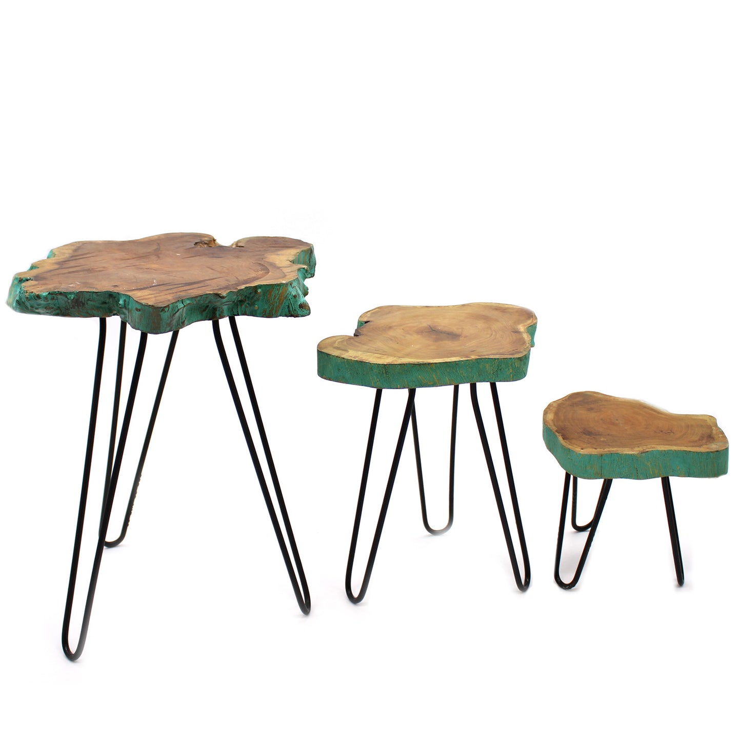 Set of 3 Gamell Wood Side-Tables / Plant Stands - Greenwash