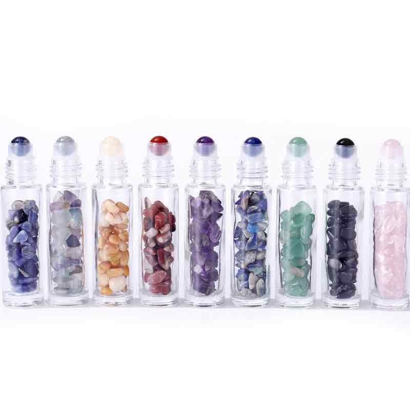 Gemstone Essential Oil Roller Bottle - Clear Quartz  - Wooden Cap