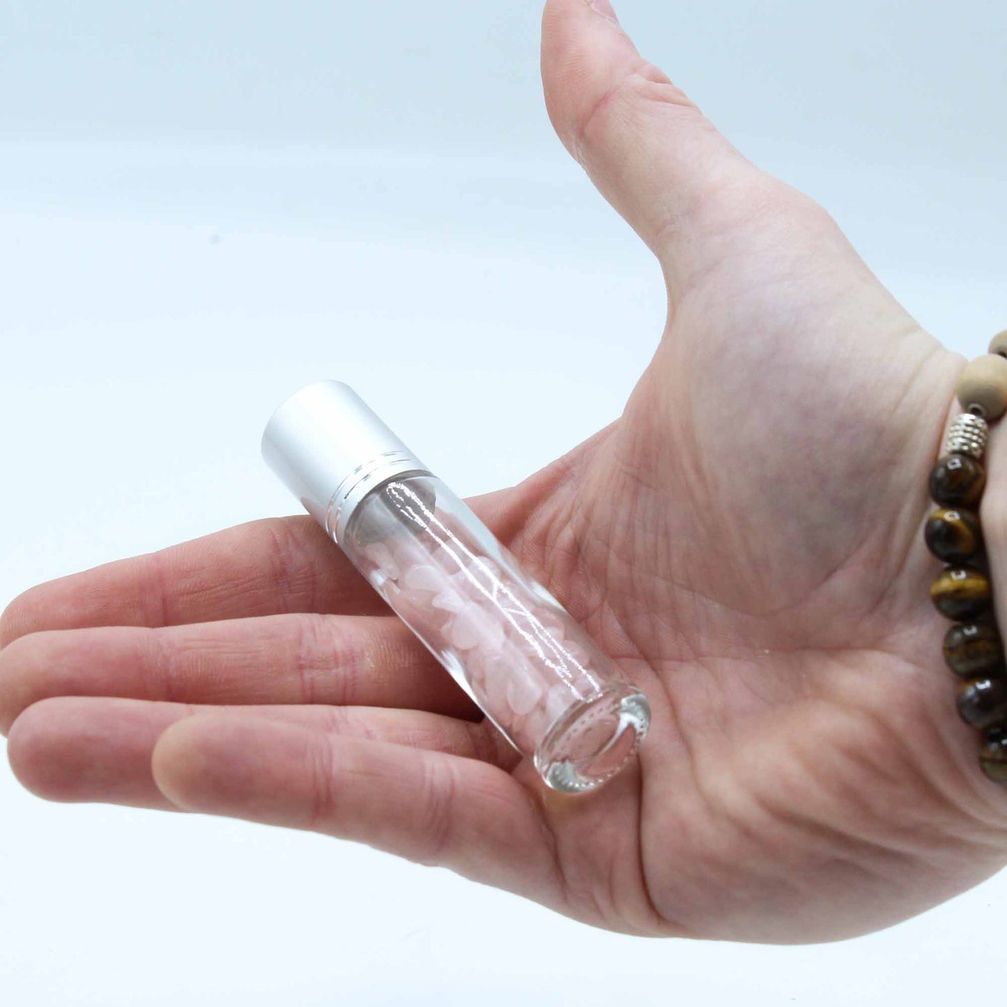 Gemstone Essential Oil Roller Bottle - Rose Quartz  - Silver Cap