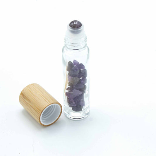 Gemstone Essential Oil Roller Bottle - Amethyst  - Wooden Cap