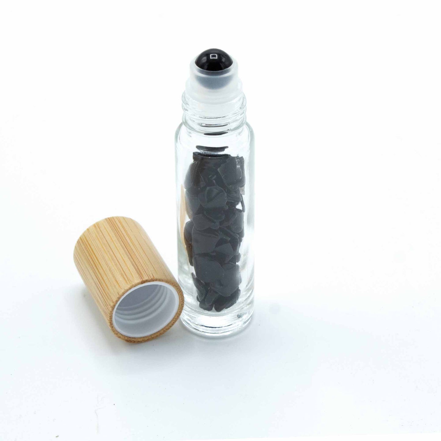 Gemstone Essential Oil Roller Bottle - Black Tourmaline  - Wooden Cap