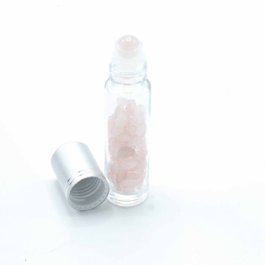 Gemstone Essential Oil Roller Bottle - Rose Quartz  - Silver Cap