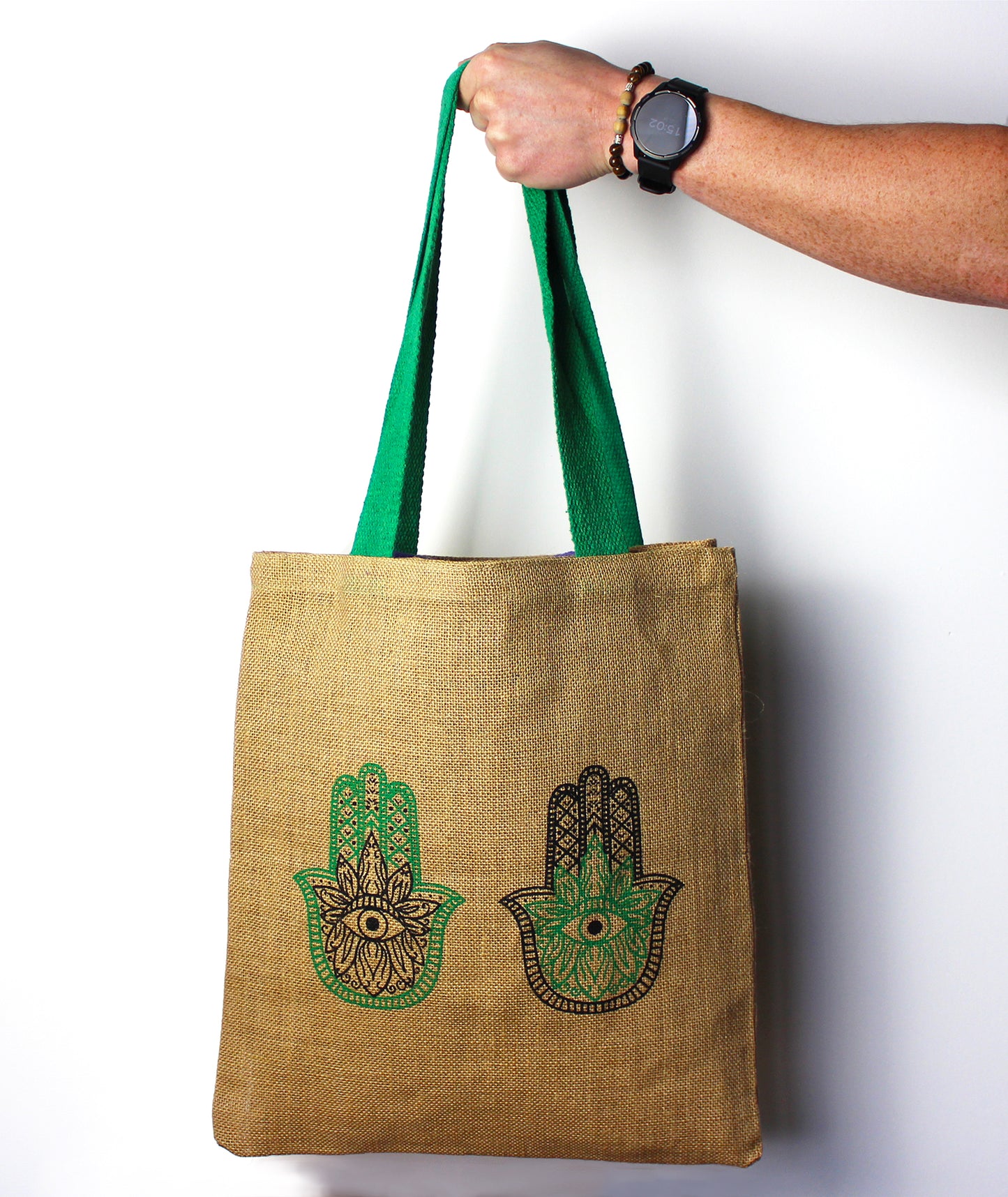 Large Jute Tote Bag Mystic Designs - Hamsa