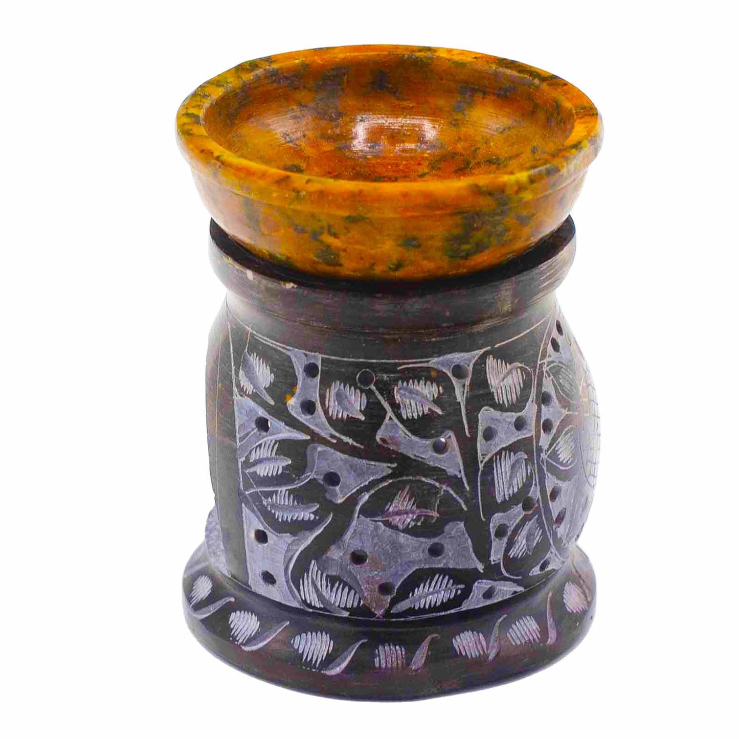 Soapstone Oil Burner 10cm - Mandala Flower - Black & Yellow