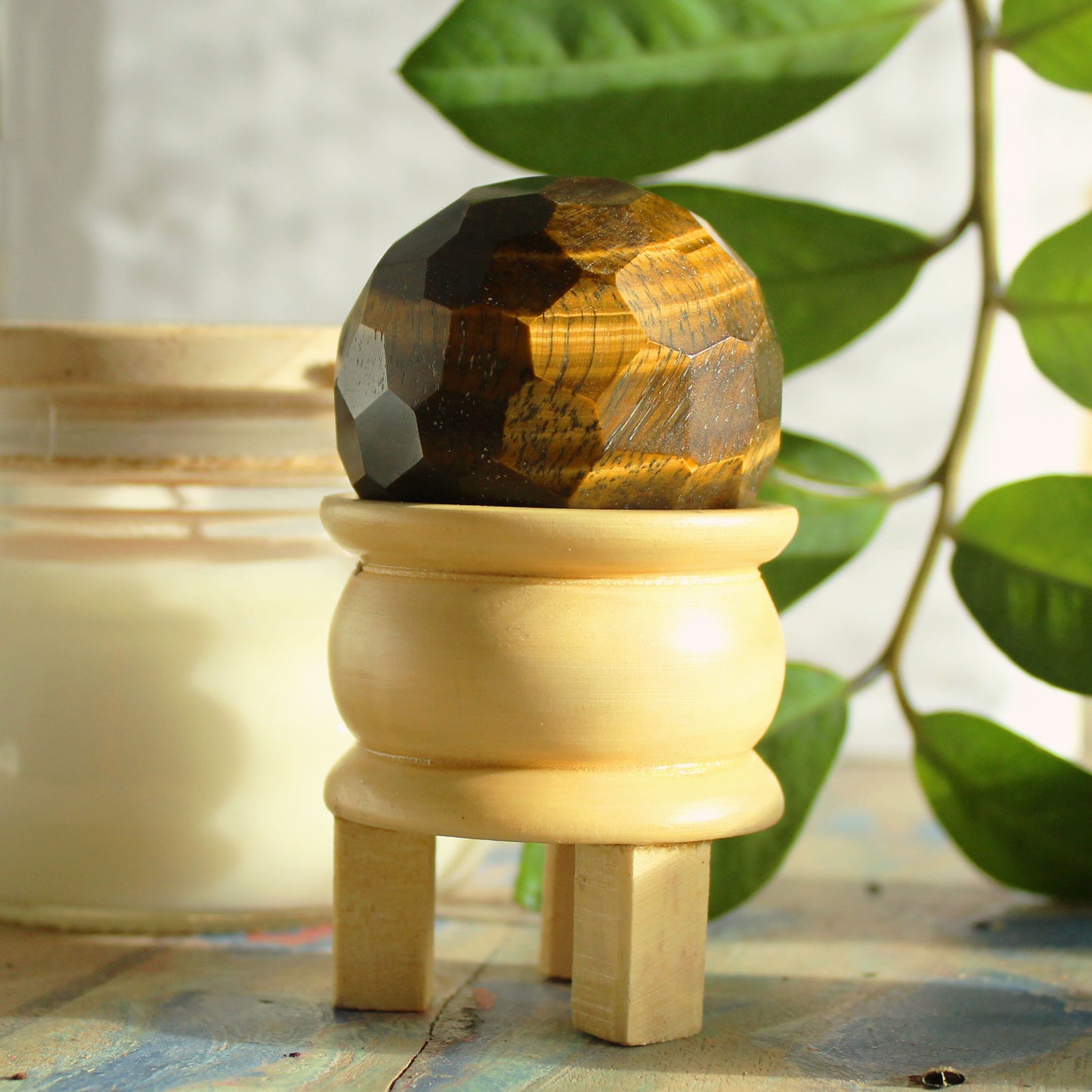 Gemstone Faceted Healing Ball & Stand - Tigers eye