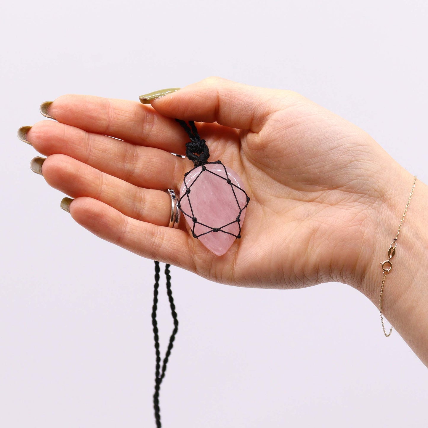 Laced Gemstone Teardrop Pendant - Rose Quartz