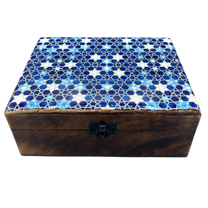 Large Ceramic Glazed Wood Box - 20x15x7.5cm - Blue Stars