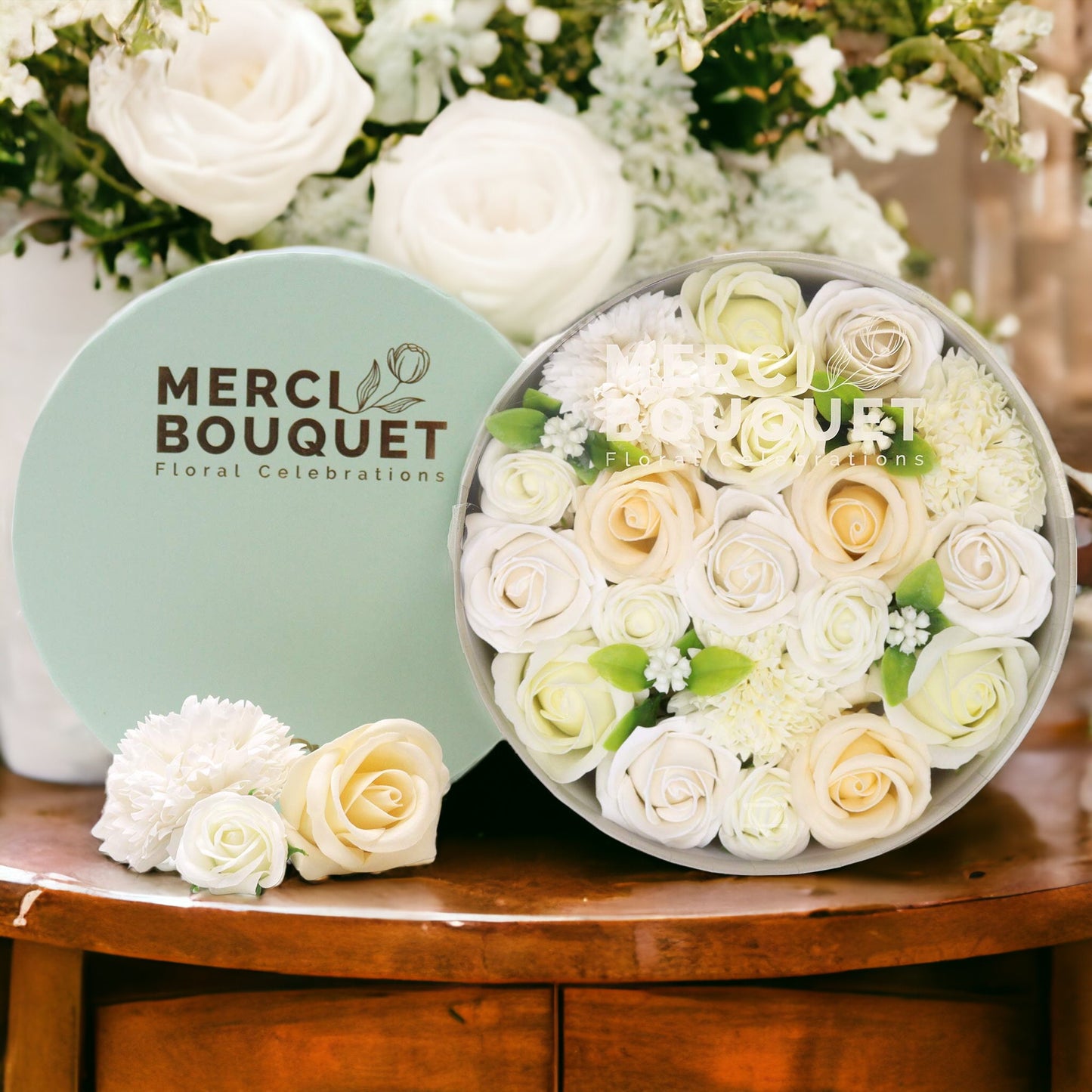 Round Soap Arrangement Box - Wedding Blessings - White & Ivory