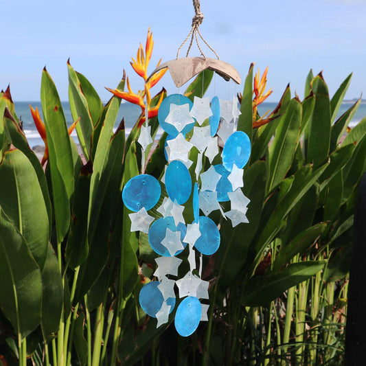 Coconut & Capiz Windchimes - Blue and White Stars - 30cm