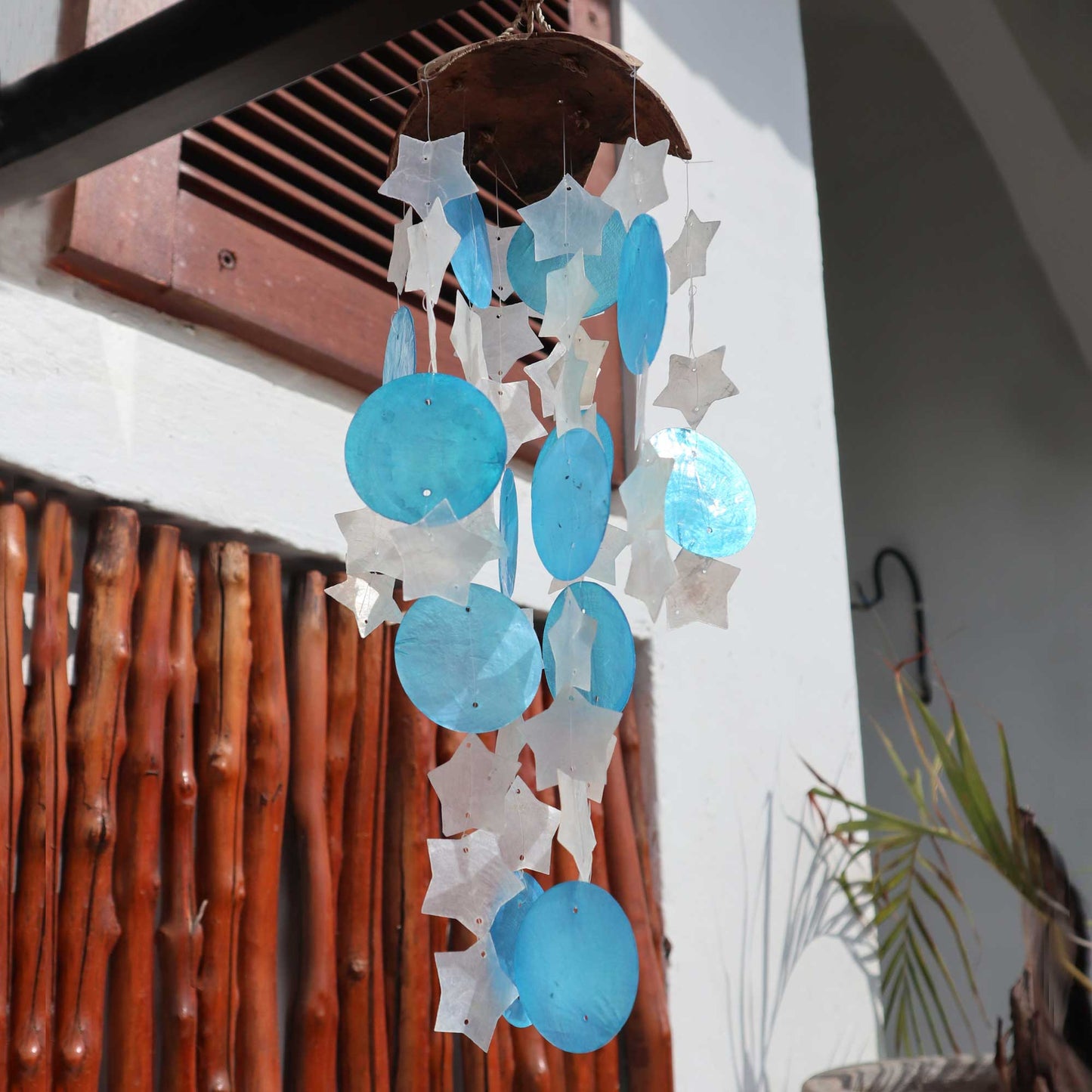 Coconut & Capiz Windchimes - Blue and White Stars - 30cm